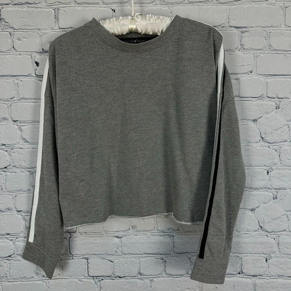 Derek‎ Heart Long Sleeve Crop Top, Size Small, Gray with Black/White Striped